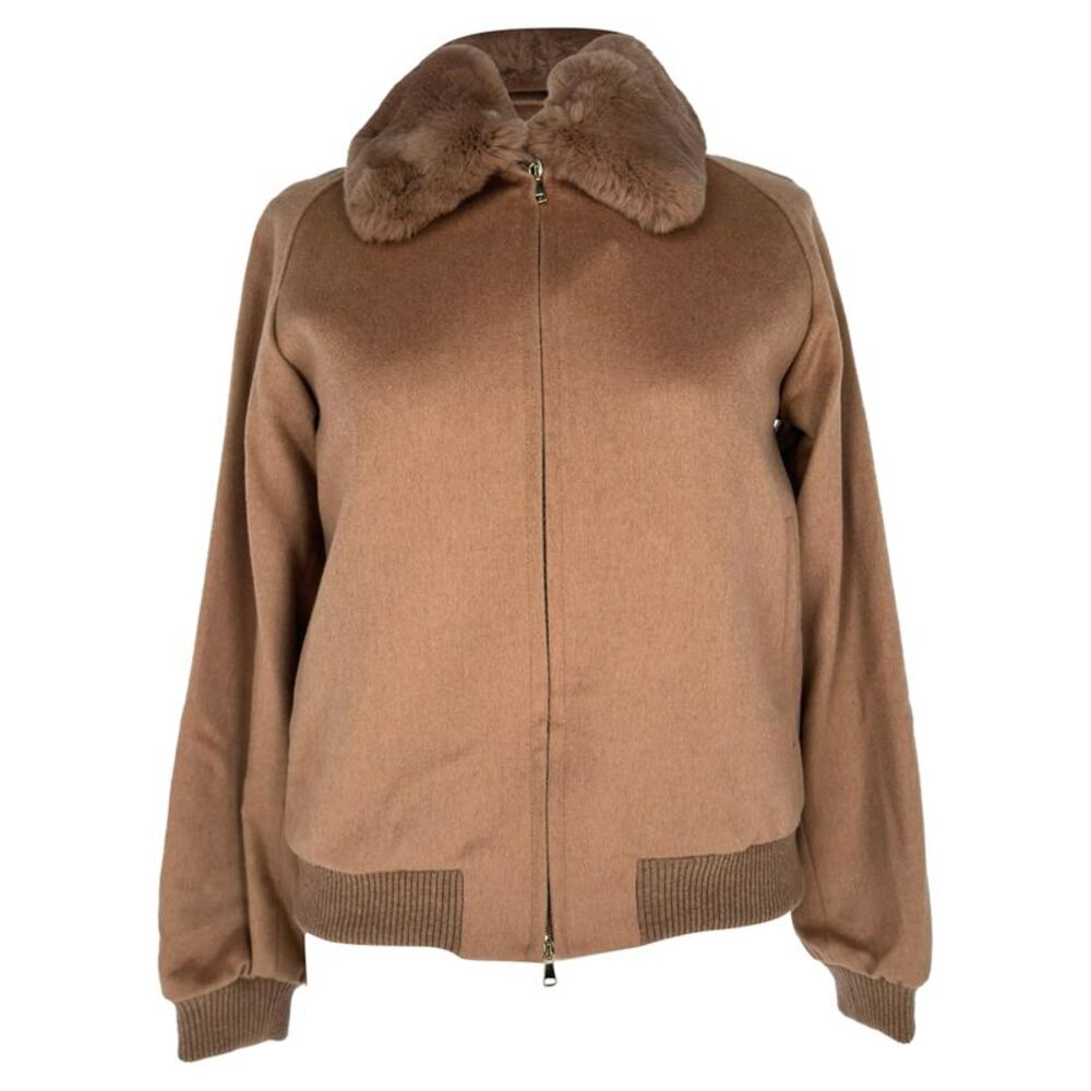 Max Mara Fur-Trimmed Bomber Jacket in Brown Camel Hair